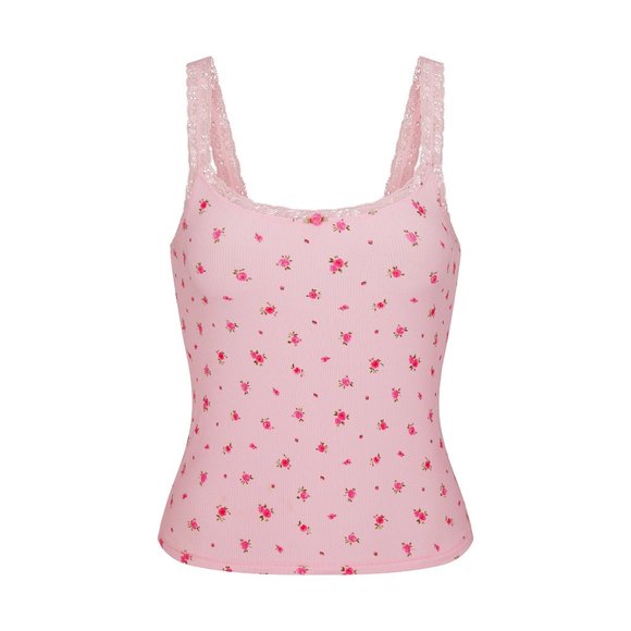 SKIMS, Tops, Skims Soft Lounge Lace Tank In Rose Print New With Tags